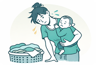 抱っこをしながらつらそうな女性のイラスト